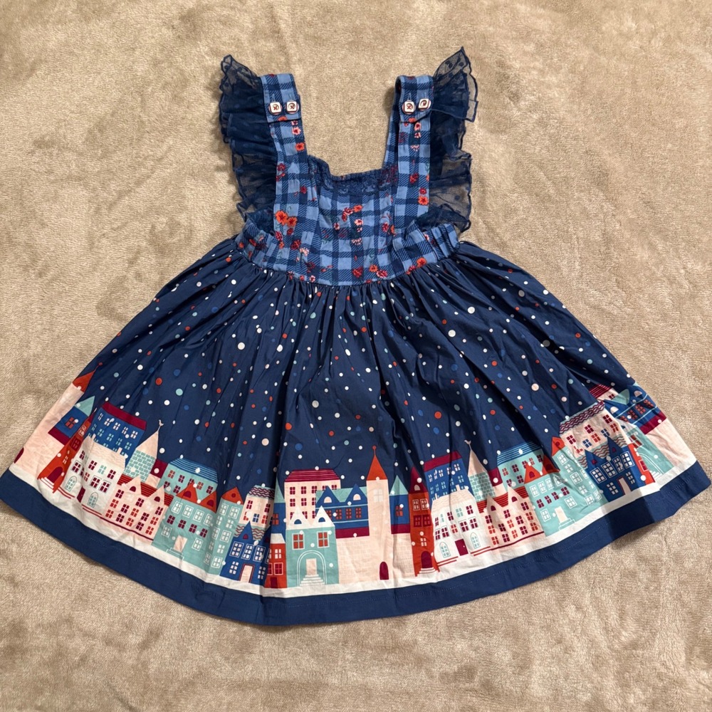 Wildflowers Clothing Girls Blue Village Polka Dot Plaid Ruffle Dress Size 6